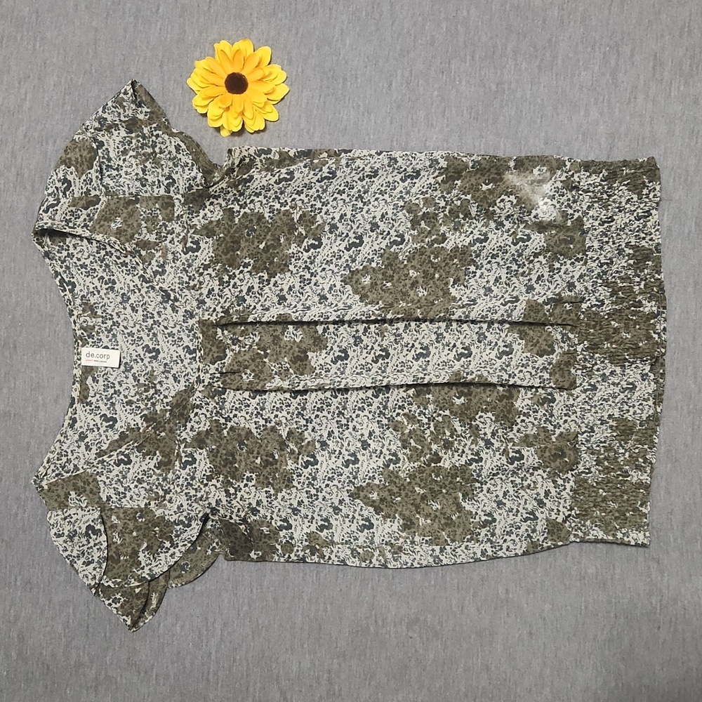 De.Corp by ESPRIT Sheer Earthy Floral Scoop Neck Peasant Blouse Top Shirt